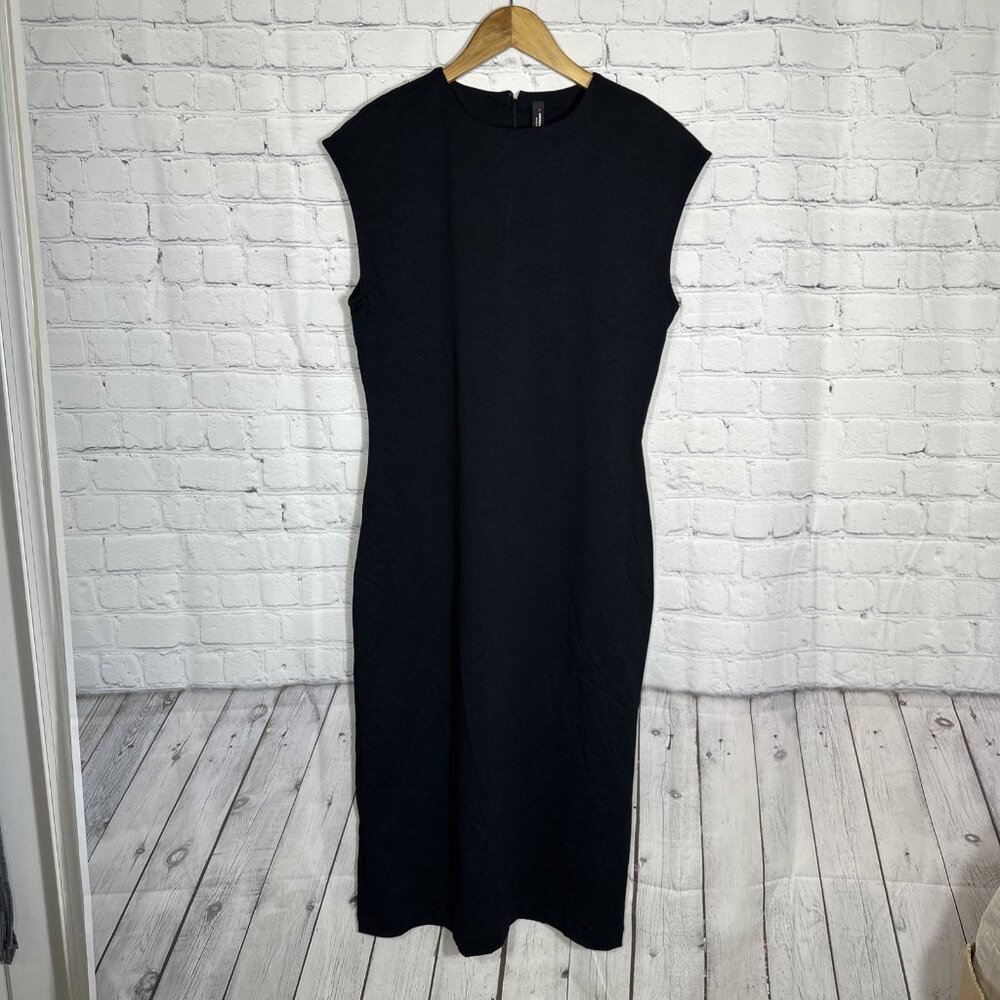 American Giant Ponte Knit Dress‎ 10 Black Cap Sleeve Midi Minimalist Trendy